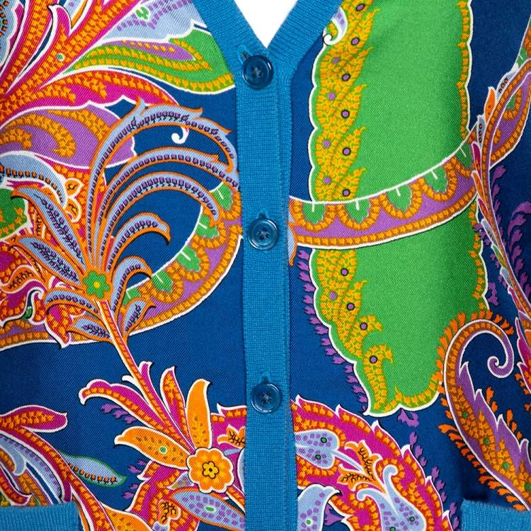 Pre Owned Ralph Lauren Blue Cashmere Paisley Print Silk Overlay Cardigan S