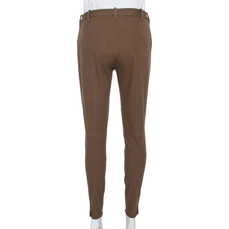 Pre Owned Ralph Lauren Brown Stretch Cotton Leather Patch Trousers M