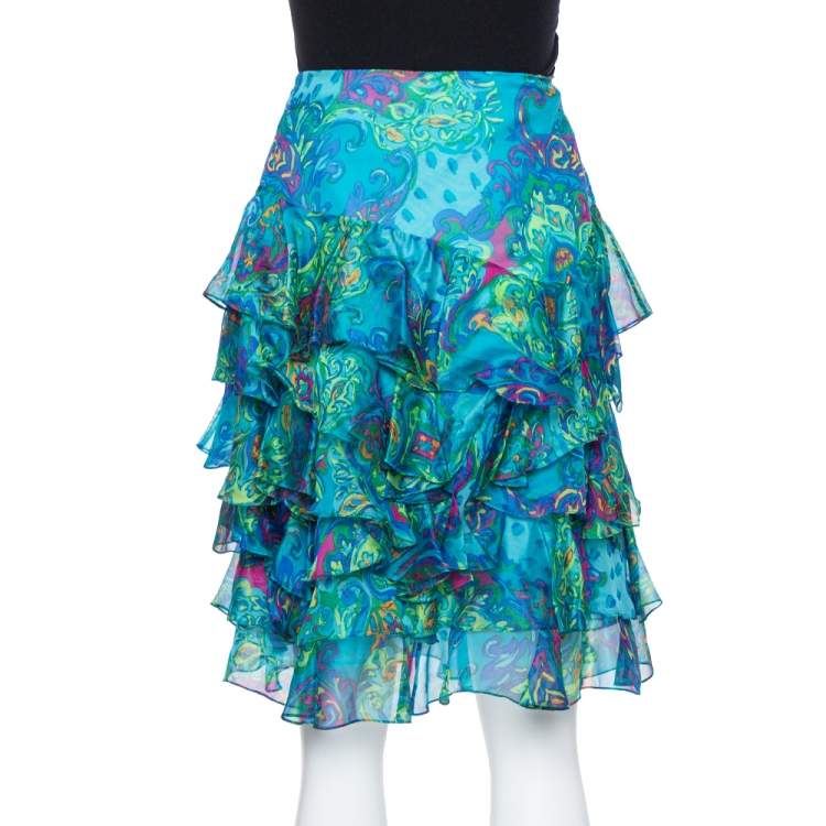 Pre Owned Ralph Lauren Blue Printed Silk Ruffle Detail Mini Skirt S