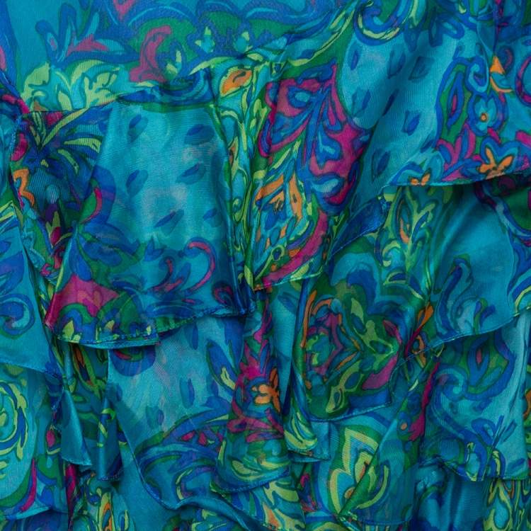 Pre Owned Ralph Lauren Blue Printed Silk Ruffle Detail Mini Skirt S