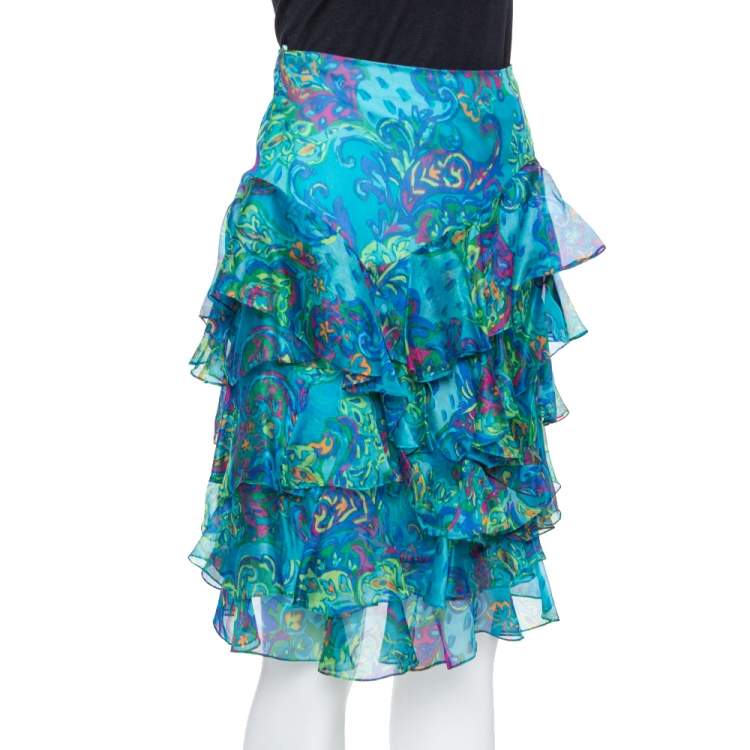 Pre Owned Ralph Lauren Blue Printed Silk Ruffle Detail Mini Skirt S
