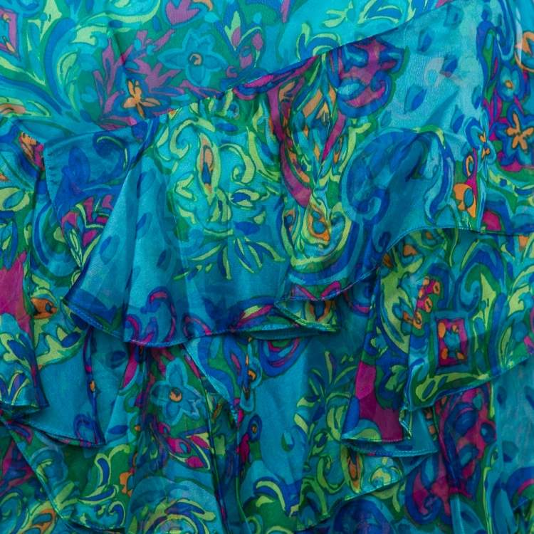 مملوكة مسبقًا Ralph Lauren Blue Printed Silk Ruffle Detail Short Skirt M