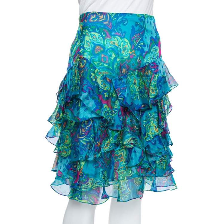 مملوكة مسبقًا Ralph Lauren Blue Printed Silk Ruffle Detail Short Skirt M