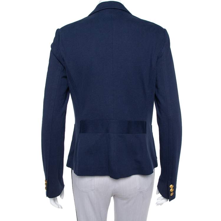 Pre Owned Ralph Lauren Navy Blue Knit Logo Embroidered Pocket Detail Blazer L