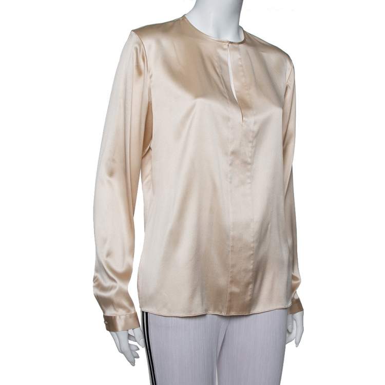 Pre Owned Ralph Lauren Cream Silk Long Sleeve Top L