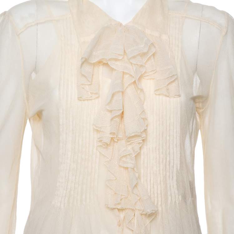 Pre Owned Ralph Lauren Cream Tulle Ruffle Detail Button Front Top M