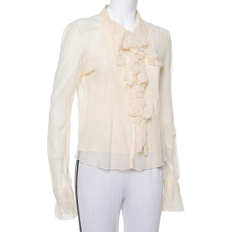 Pre Owned Ralph Lauren Cream Tulle Ruffle Detail Button Front Top M