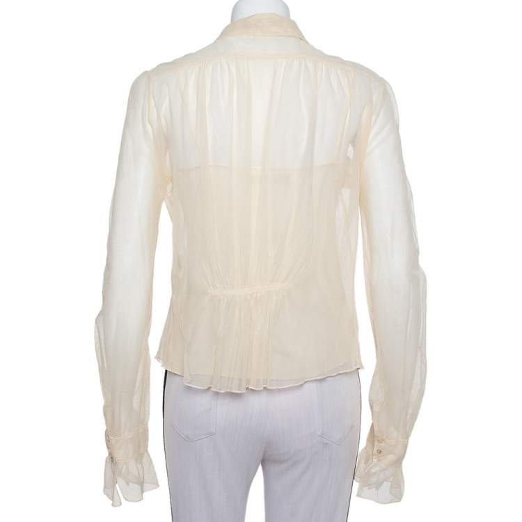 Pre Owned Ralph Lauren Cream Tulle Ruffle Detail Button Front Top M