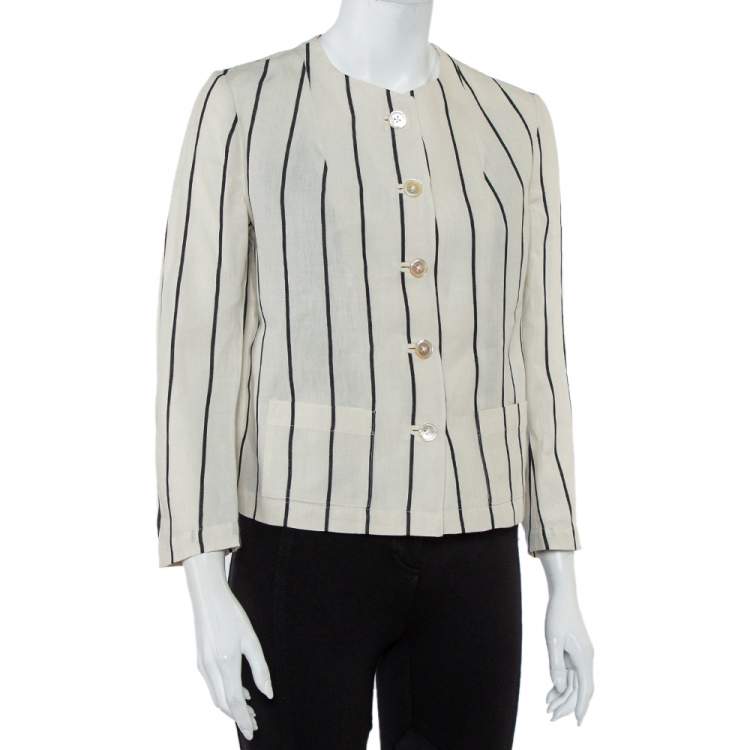 Pre Owned Ralph Lauren Cream Striped Linen Button Front Jacket S