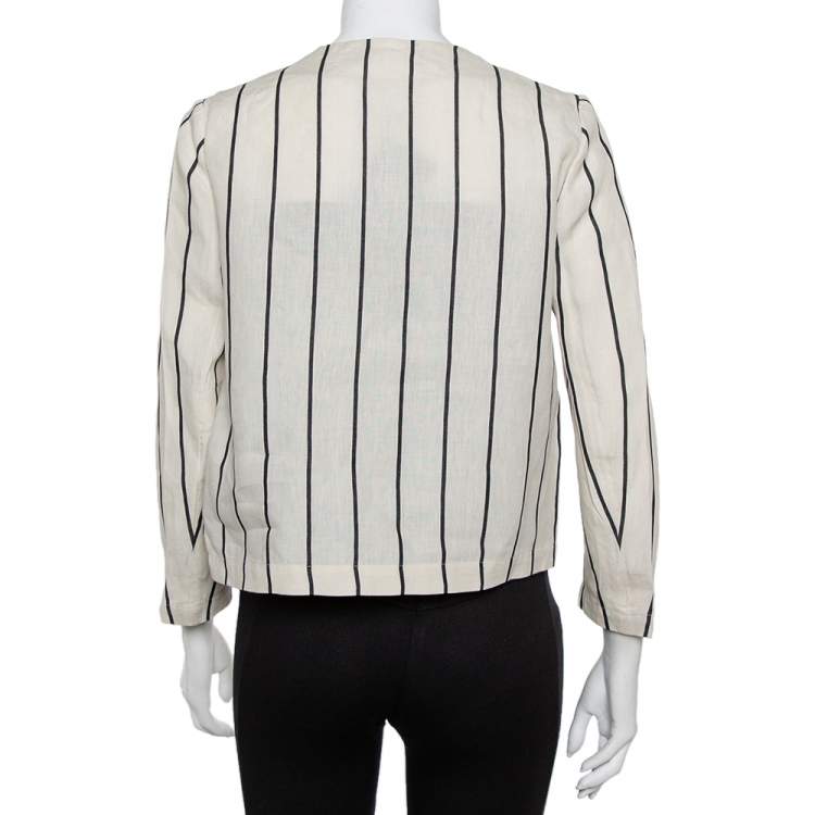 Pre Owned Ralph Lauren Cream Striped Linen Button Front Jacket S