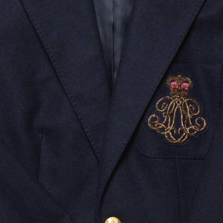 Pre Owned Ralph Lauren Navy Blue Embroidered Pocket Detail Two Button Wool Blazer L