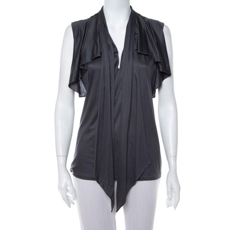 Pre Owned Ralph Lauren Dark Grey Lyocell Ruffled Neck Tie Detail Sleeveless Top L