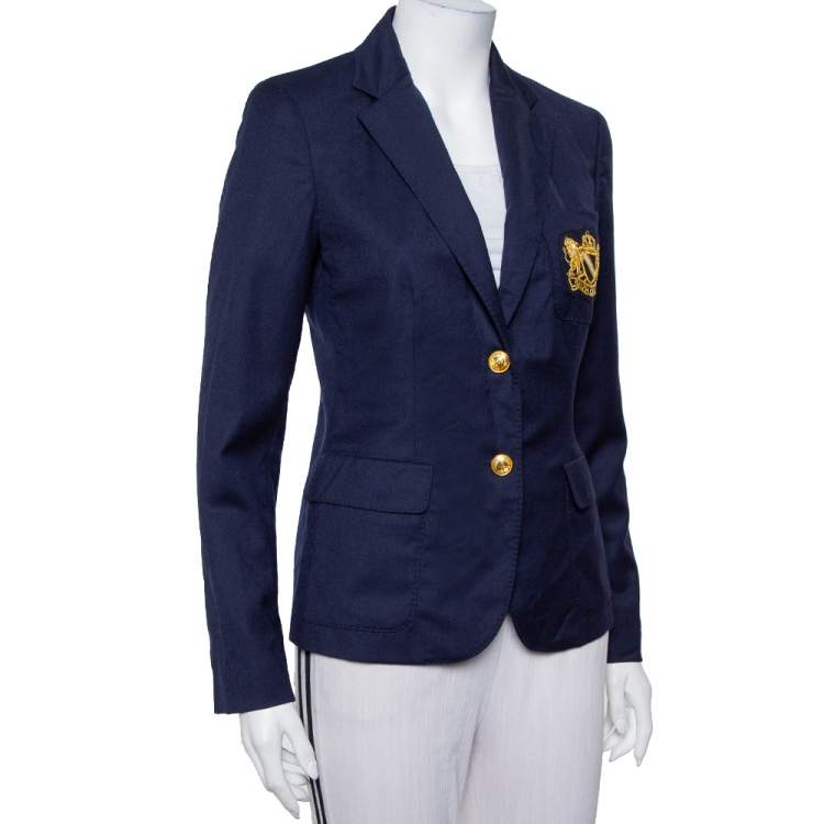 Pre Owned Ralph Lauren Navy Blue Wool Logo Embellished Button Front Blazer M