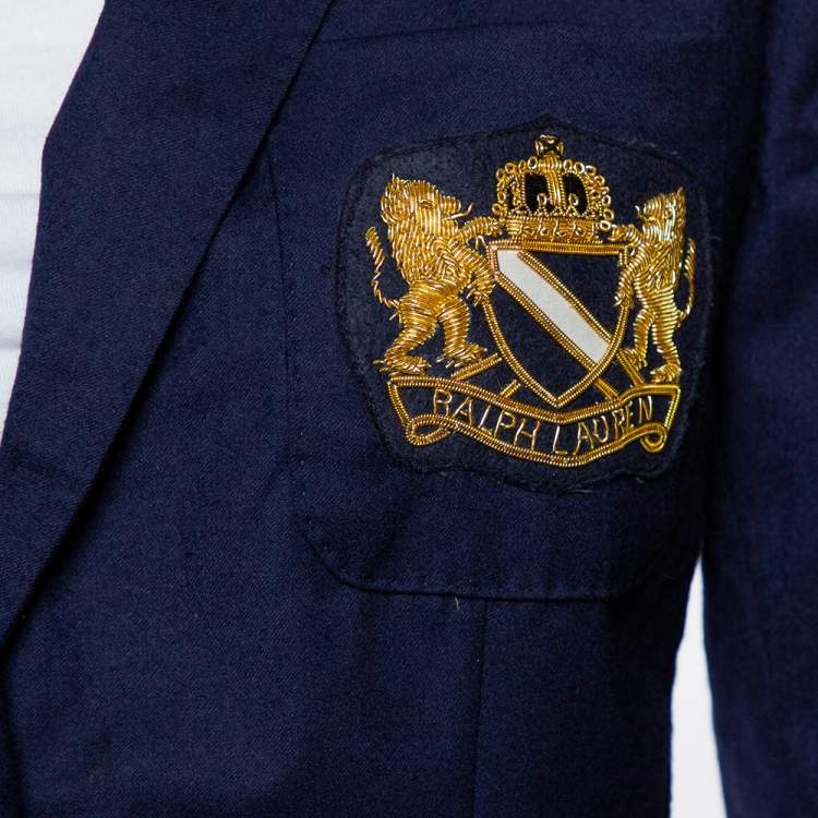 Pre Owned Ralph Lauren Navy Blue Wool Logo Embellished Button Front Blazer M
