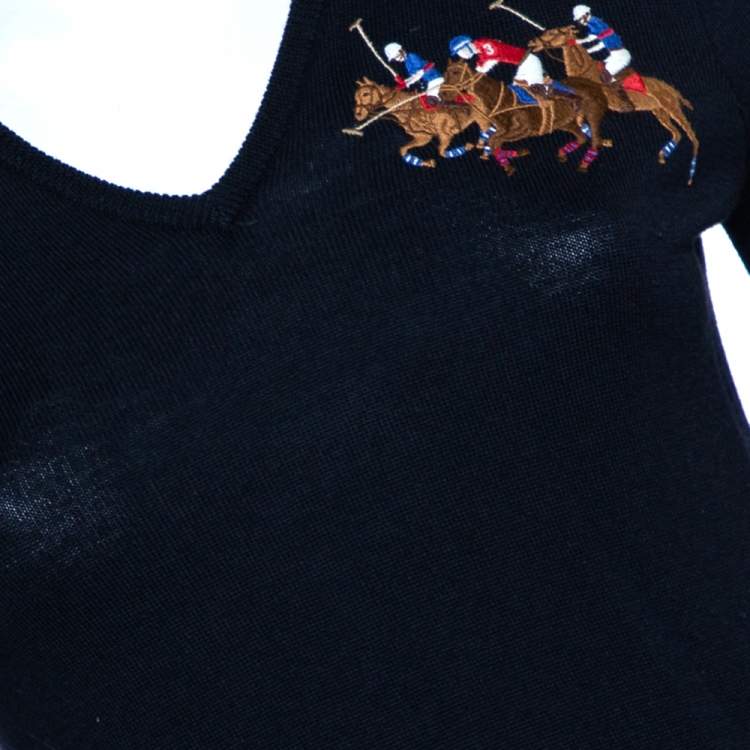 Pre Owned Ralph Lauren  Navy Blue Wool Collared Logo Embroidered Midi Dress L