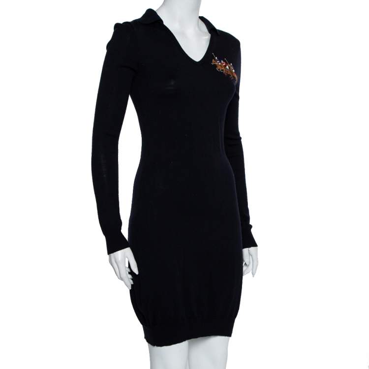 Pre Owned Ralph Lauren  Navy Blue Wool Collared Logo Embroidered Midi Dress L