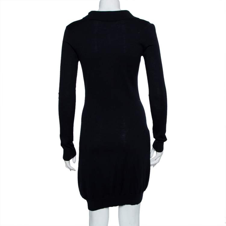 Pre Owned Ralph Lauren  Navy Blue Wool Collared Logo Embroidered Midi Dress L