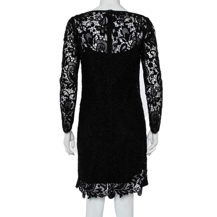 Pre Owned Ralph Lauren Black Lace & Leather Trim Merrill Dress M