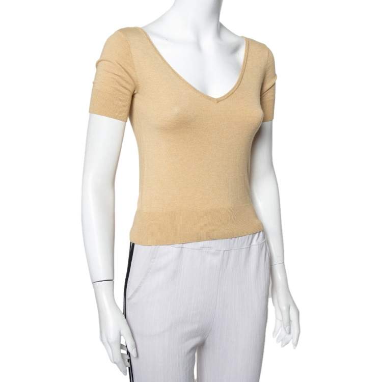 Pre Owned Ralph Lauren Beige Knit Plunge Neck Top XS