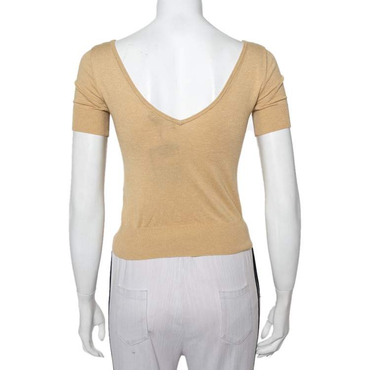 Pre Owned Ralph Lauren Beige Knit Plunge Neck Top XS