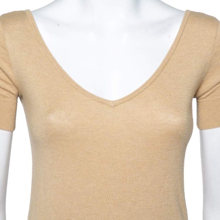 Pre Owned Ralph Lauren Beige Knit Plunge Neck Top XS