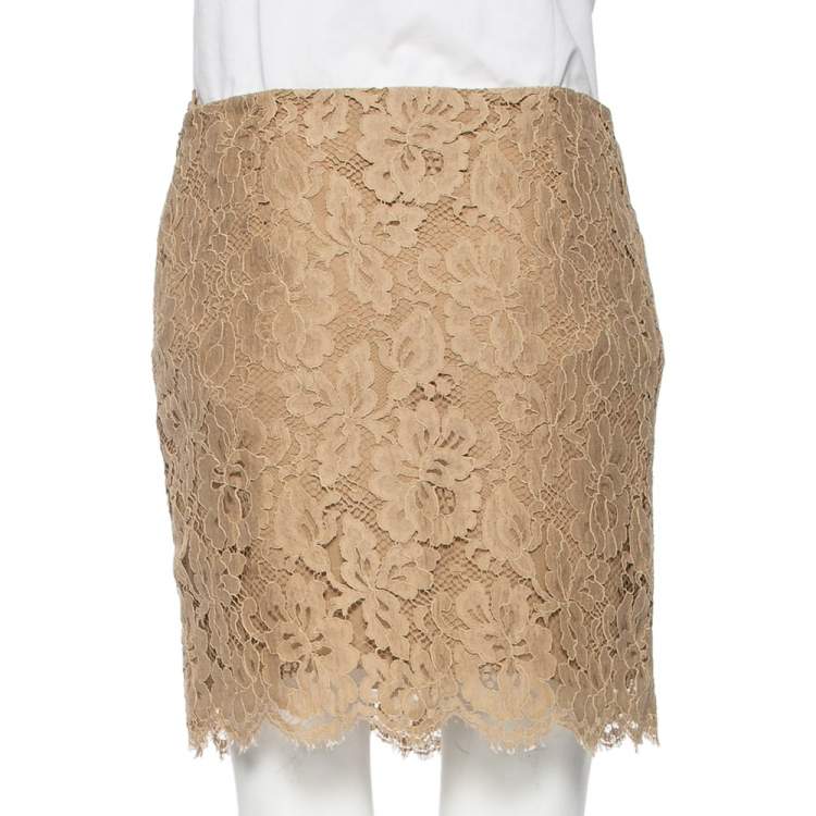 Pre Owned Ralph Lauren Beige Floral Lace Scallop Hem Mini Skirt M