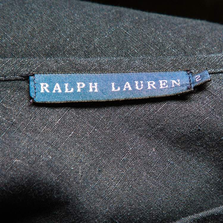 Pre Owned Ralph Lauren Navy Blue Linen Logoed Side Button Flared Skirt S