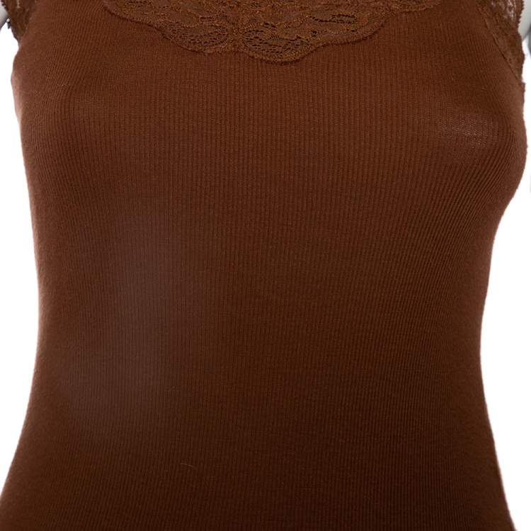 Pre Owned Ralph Lauren Brown Knit Lace Detailed Sleeveless Camisole S