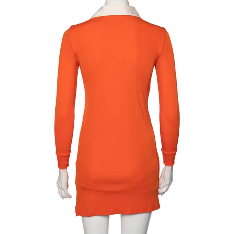 Pre Owned Ralph Lauren Orange Jersey Logo Patch Detail Long Sleeve Polo Dress XS