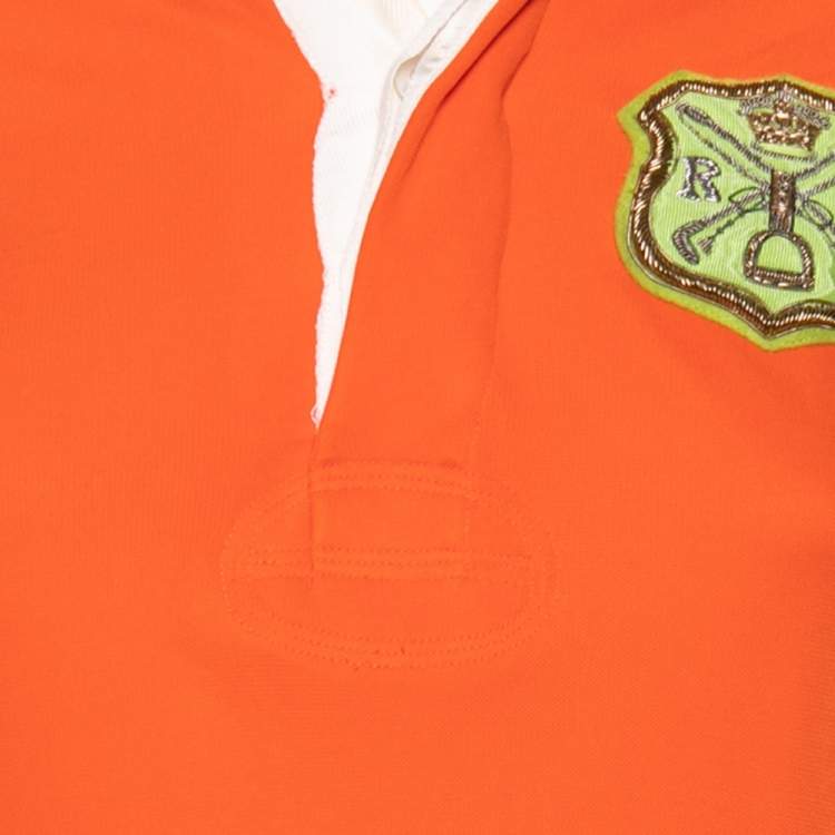 Pre Owned Ralph Lauren Orange Jersey Logo Patch Detail Long Sleeve Polo Dress XS