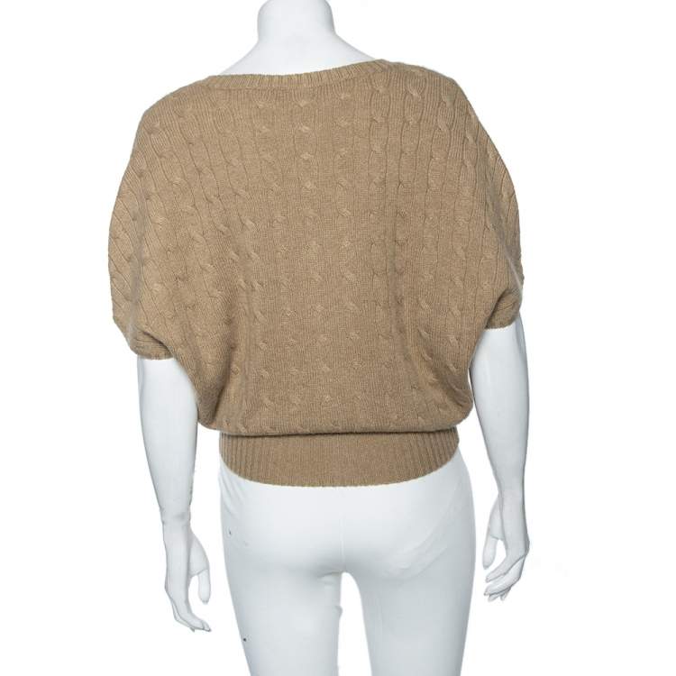 Pre Owned Ralph Lauren Light Brown Cashmere Drop Shoulder Detailed V-Neck Jumper S