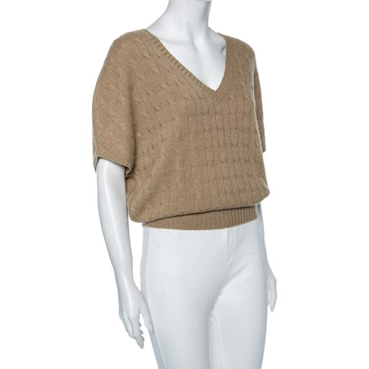 Pre Owned Ralph Lauren Light Brown Cashmere Drop Shoulder Detailed V-Neck Jumper S