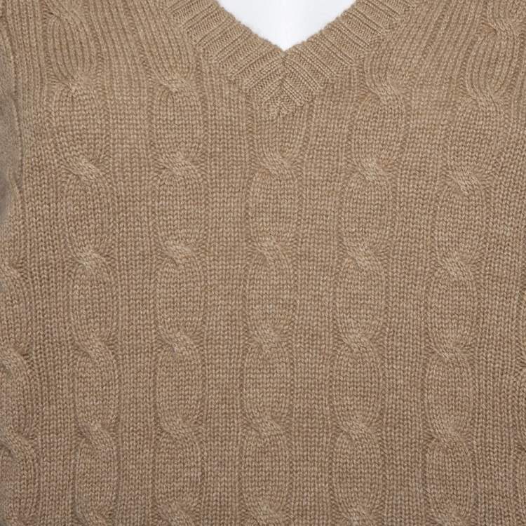 Pre Owned Ralph Lauren Light Brown Cashmere Drop Shoulder Detailed V-Neck Jumper S