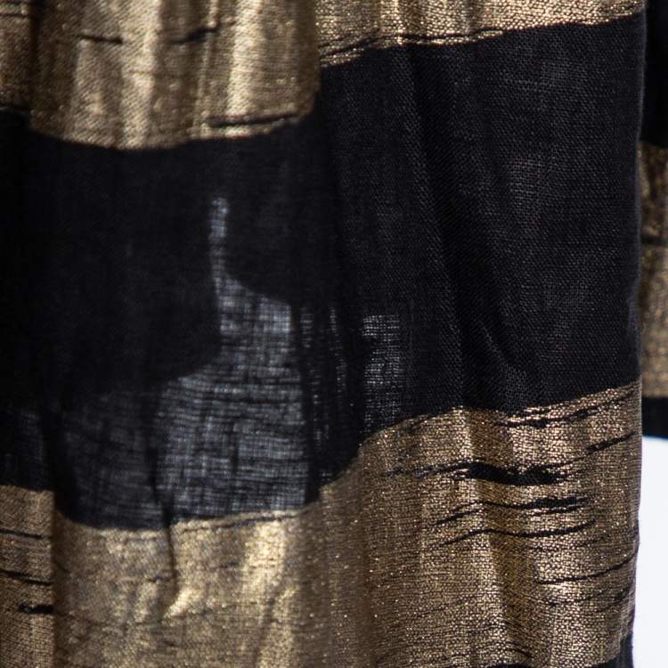 Pre Owned Ralph Lauren Black & Gold Striped Linen Pleated Kristine Skirt M