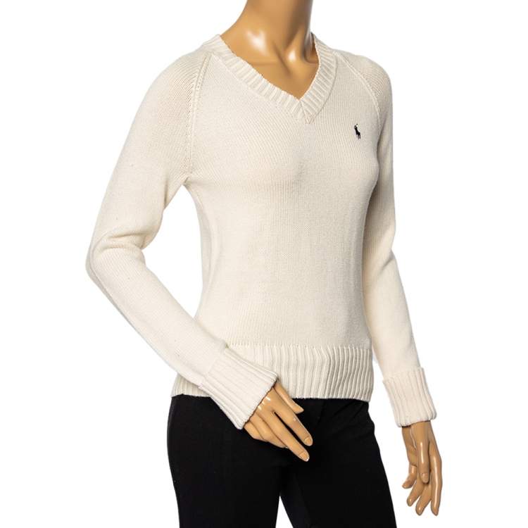 Pre Owned Ralph Lauren Off-White Cotton Knit V-Neck Jumper M