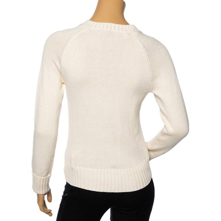 Pre Owned Ralph Lauren Off-White Cotton Knit V-Neck Jumper M