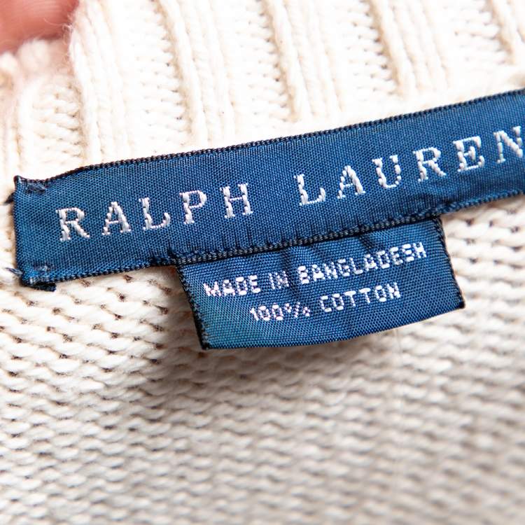 Pre Owned Ralph Lauren Off-White Cotton Knit V-Neck Jumper M