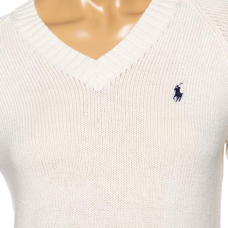 Pre Owned Ralph Lauren Off-White Cotton Knit V-Neck Jumper M