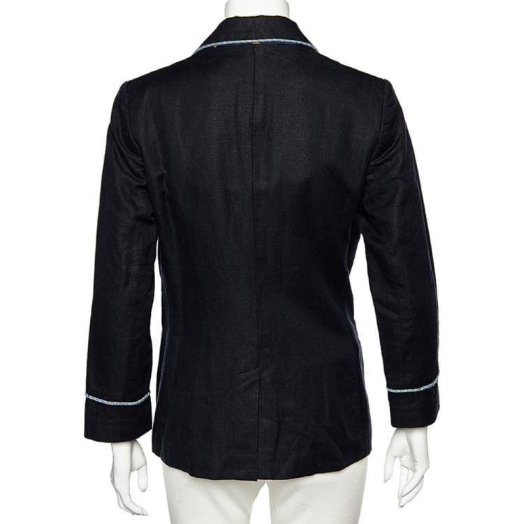 Pre Owned Ralph Lauren Navy Blue Linen And Cotton Contrast Trim Blazer L