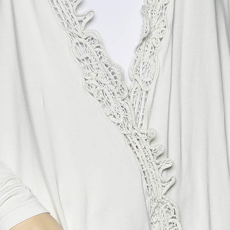 Pre Owned Ralph Lauren Cream Stretch Jersey Crochet Trim Long Sleeve Shrug M 