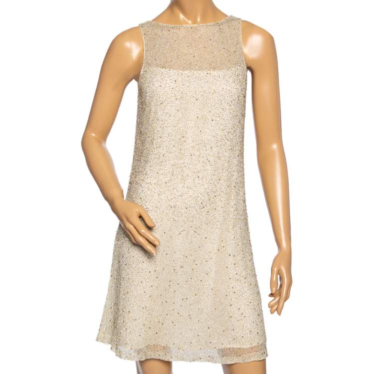 Pre Owned Ralph Lauren Cream Embellished Mesh Sleeveless Short Dress S