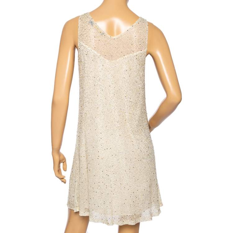 Pre Owned Ralph Lauren Cream Embellished Mesh Sleeveless Short Dress S