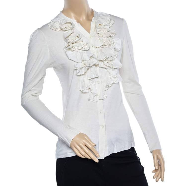 Pre Owned Ralph Lauren Off White Knit Ruffled Neck Button Front Top L