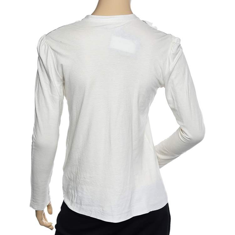 Pre Owned Ralph Lauren Off White Knit Ruffled Neck Button Front Top L