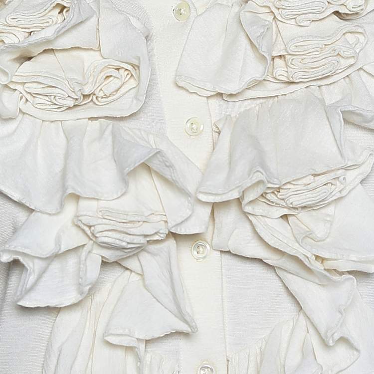 Pre Owned Ralph Lauren Off White Knit Ruffled Neck Button Front Top L