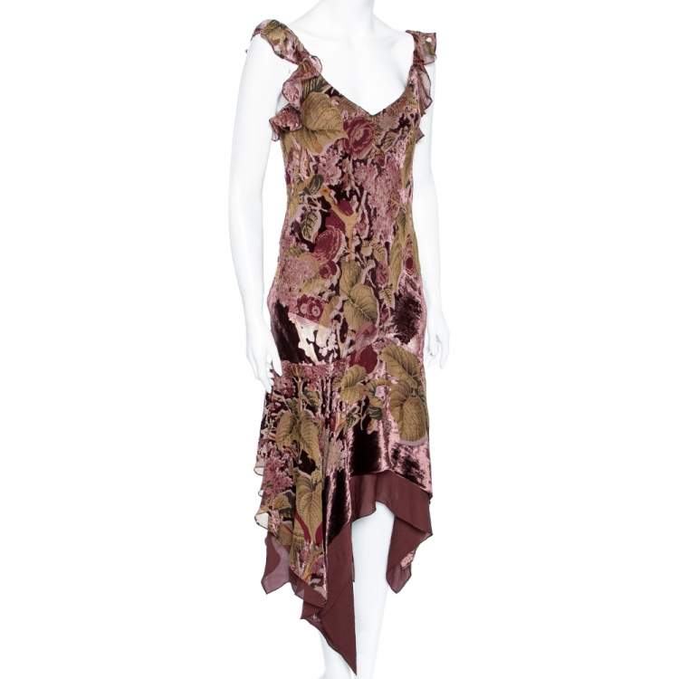 Pre Owned Ralph Lauren Burgundy Printed Silk & Velvet Inset Ruffle Detailed Dress S