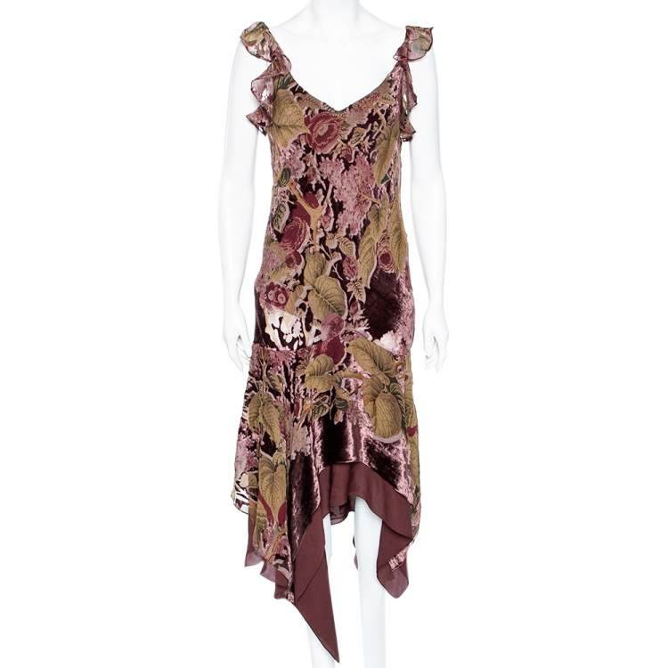 Pre Owned Ralph Lauren Burgundy Printed Silk & Velvet Inset Ruffle Detailed Dress S