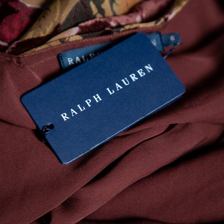 Pre Owned Ralph Lauren Burgundy Printed Silk & Velvet Inset Ruffle Detailed Dress S