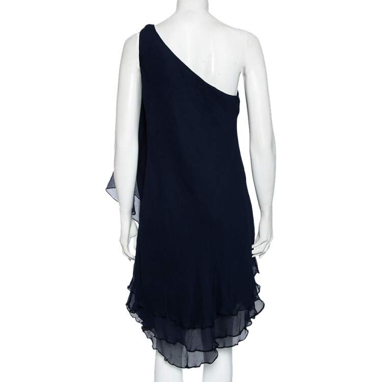 Pre Owned Ralph Lauren Navy Blue Silk Chiffon Tiered One Shoulder Mini Dress L