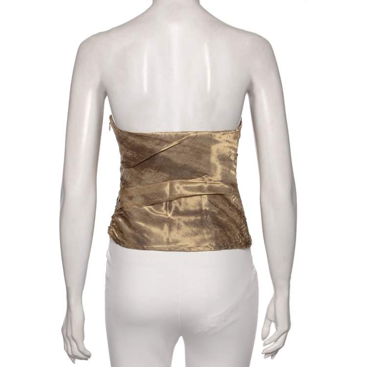 Pre Owned Ralph Lauren Gold  Patterned Mesh & Silk Strapless Top M